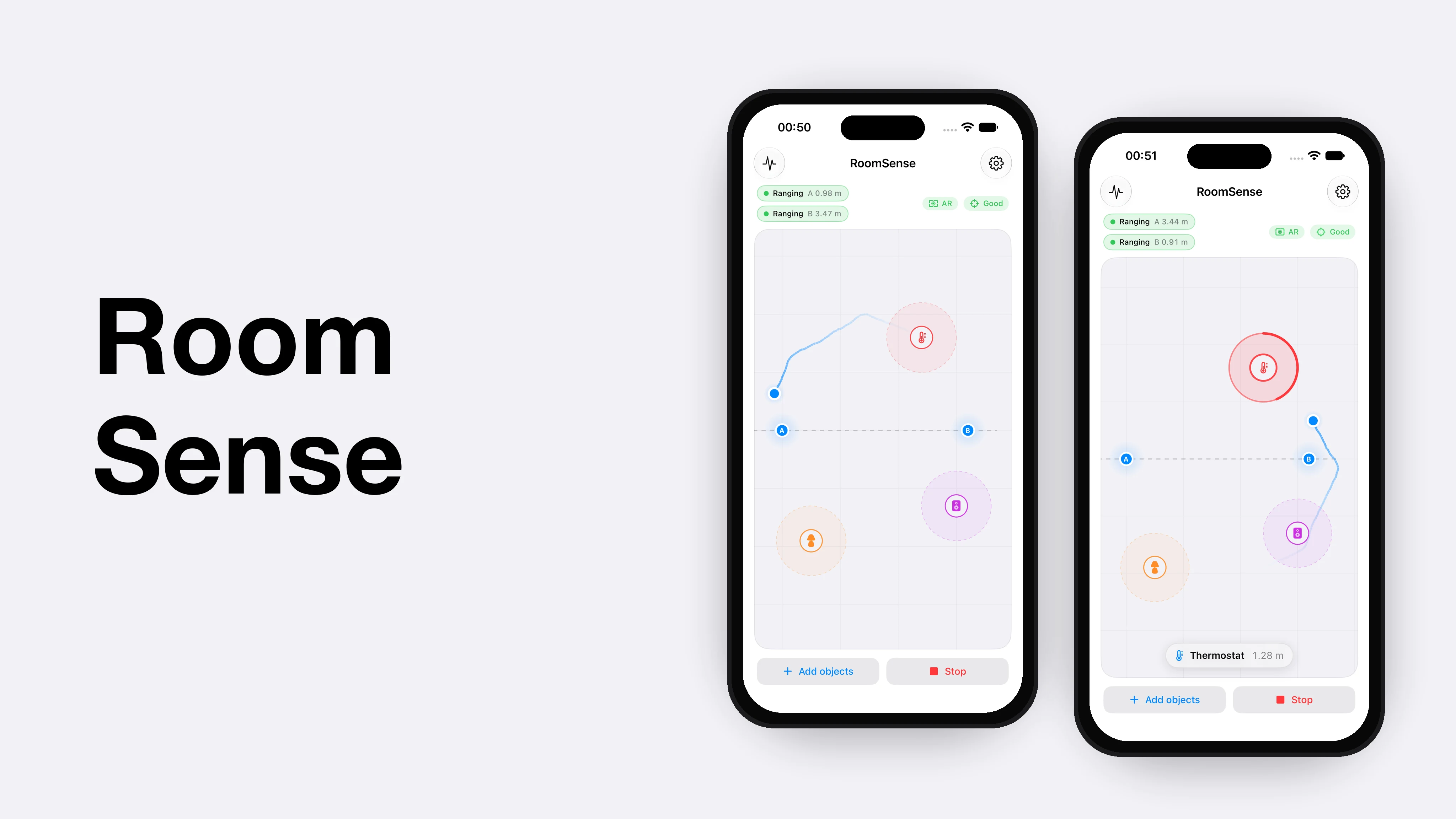 RoomSense : la pièce et les objets appris, puis l'approche d'un thermostat